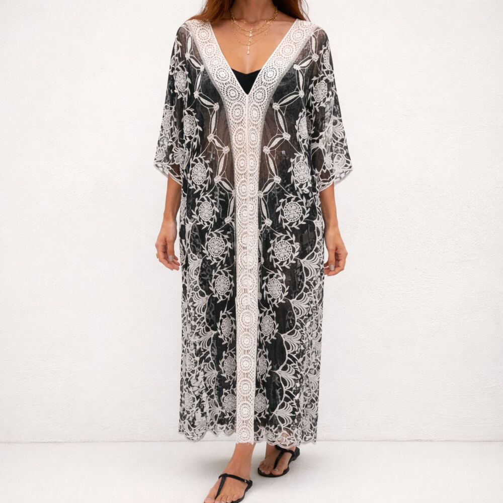 Boho Lace & Crochet Coverup Long Lace Overlay Black & Ivory Swim Cover One Size